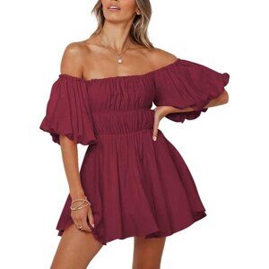 Womens Red Off The Shoulder Summer Dresses Short Lantern Sleeve Ruffle Elastic